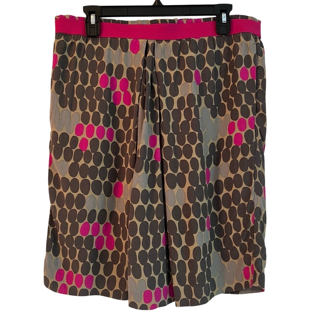 Boden Elastic Waistband Pleated Tan, Gray, Pink Polka Dot Viscose Skirt Size 10L